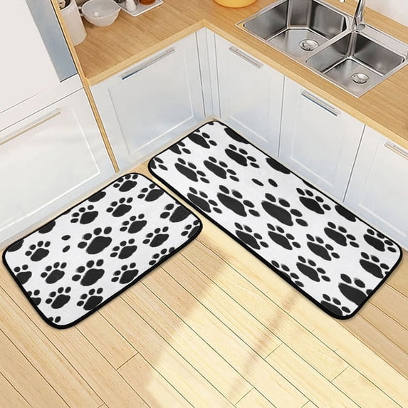 Dailycode 2 Pcs Kitchen Rug Set Non Slip Absorbent Soft Floor Mats for Kitchen Bathroom Black Dog Paws 19.7"x27.6"+19.7"x47.2"