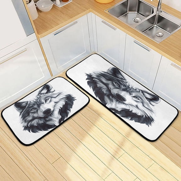 Dailycode 2 Pcs Kitchen Rug Set Non Slip Absorbent Soft Floor Mats for Kitchen Bathroom Black White Wolf Face 19.7"x27.6"+19.7"x47.2"