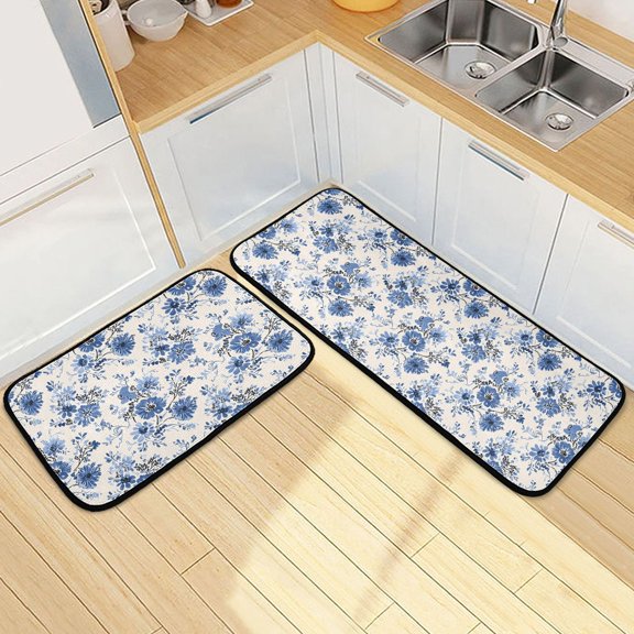 Dailycode 2 Pcs Kitchen Rug Set Non Slip Absorbent Soft Floor Mats for Kitchen Bathroom Blue Floral Ditsy Flower 19.7"x27.6"+19.7"x47.2"