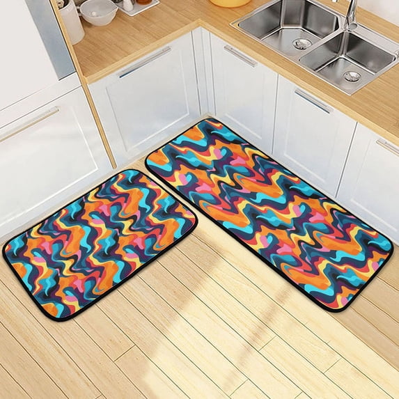 Dailycode 2 Pcs Kitchen Rug Set Non Slip Absorbent Soft Floor Mats for Kitchen Bathroom Blue Pink Orange Tie Dye 19.7"x27.6"+19.7"x47.2"