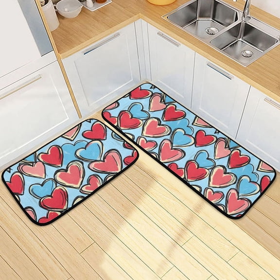 Dailycode 2 Pcs Kitchen Rug Set Non Slip Absorbent Soft Floor Mats for Kitchen Bathroom Blue Red Heart 19.7"x27.6" 19.7"x47.2"