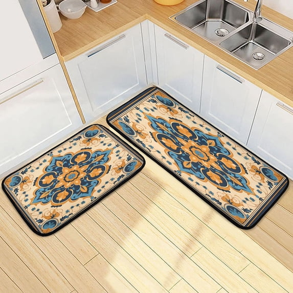 Dailycode 2 Pcs Kitchen Rug Set Non Slip Absorbent Soft Floor Mats for Kitchen Bathroom Blue Yellow Mandala 19.7"x27.6"+19.7"x47.2"