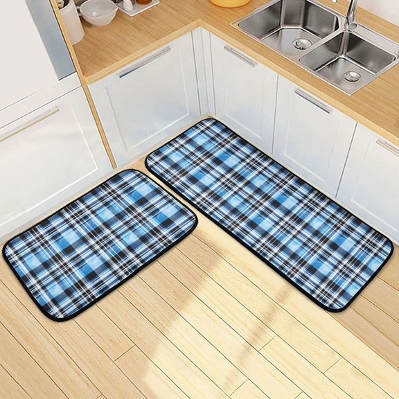Dailycode 2 Pcs Kitchen Rug Set Non Slip Absorbent Soft Floor Mats for Kitchen Bathroom Blue and Black Plaid 19.7"x27.6"+19.7"x47.2"