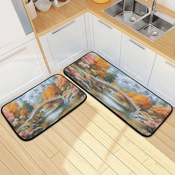 Dailycode 2 Pcs Kitchen Rug Set Non Slip Absorbent Soft Floor Mats for Kitchen Bathroom Bridge on Forests 19.7"x27.6" 19.7"x47.2"