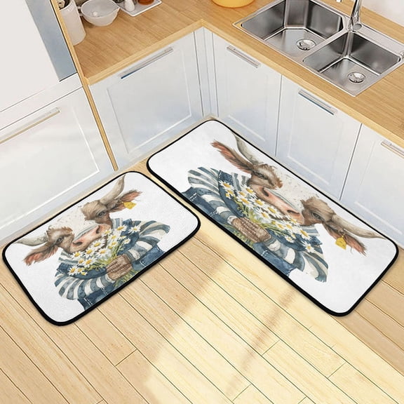 Dailycode 2 Pcs Kitchen Rug Set Non Slip Absorbent Soft Floor Mats for Kitchen Bathroom Bull Cow with Daisies 19.7"x27.6" 19.7"x47.2"