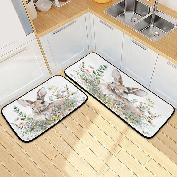 Dailycode 2 Pcs Kitchen Rug Set Non Slip Absorbent Soft Floor Mats for Kitchen Bathroom Bunny in Floral Bouquet 19.7"x27.6"+19.7"x47.2"