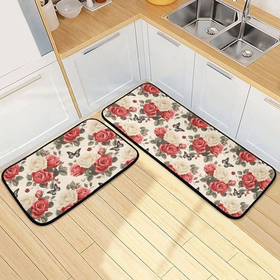 Dailycode 2 Pcs Kitchen Rug Set Non Slip Absorbent Soft Floor Mats for Kitchen Bathroom Butterflies and Rose Bouquet 19.7"x27.6"+19.7"x47.2"