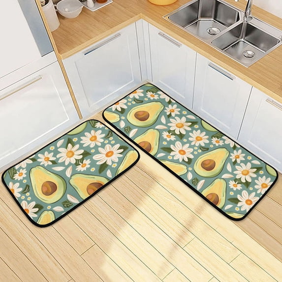 Dailycode 2 Pcs Kitchen Rug Set Non Slip Absorbent Soft Floor Mats for Kitchen Bathroom Cartoon Avocado and Daisy 19.7"x27.6"+19.7"x47.2"