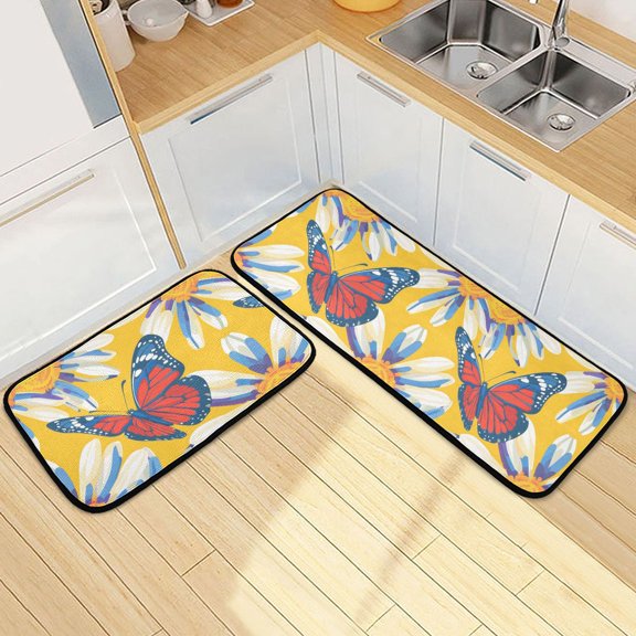 Dailycode 2 Pcs Kitchen Rug Set Non Slip Absorbent Soft Floor Mats for Kitchen Bathroom Cartoon Butterfly and Daisy Petals 19.7"x27.6"+19.7"x47.2"