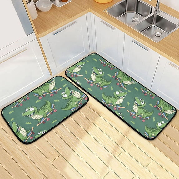 Dailycode 2 Pcs Kitchen Rug Set Non Slip Absorbent Soft Floor Mats for Kitchen Bathroom Cartoon Crocodile Riding Skateboard 19.7"x27.6"+19.7"x47.2"