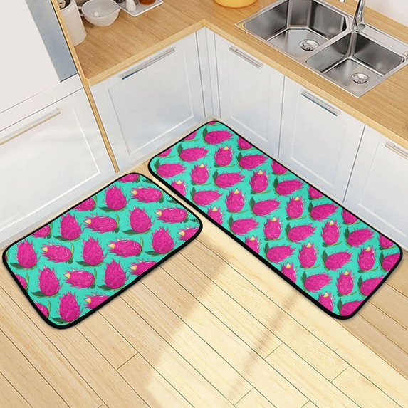 Dailycode 2 Pcs Kitchen Rug Set Non Slip Absorbent Soft Floor Mats for Kitchen Bathroom Cartoon Dragon Fruit 19.7"x27.6"+19.7"x47.2"