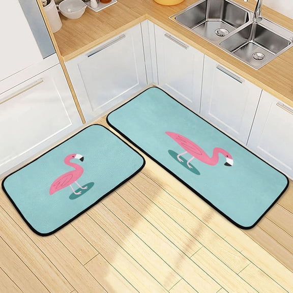 Dailycode 2 Pcs Kitchen Rug Set Non Slip Absorbent Soft Floor Mats for Kitchen Bathroom Cartoon Flamingo 19.7"x27.6"+19.7"x47.2"