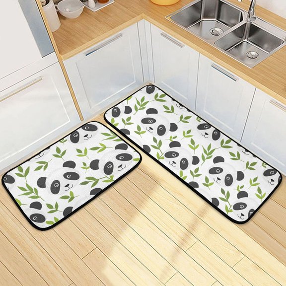Dailycode 2 Pcs Kitchen Rug Set Non Slip Absorbent Soft Floor Mats for Kitchen Bathroom Cartoon Panda Face and Leaf 19.7"x27.6"+19.7"x47.2"