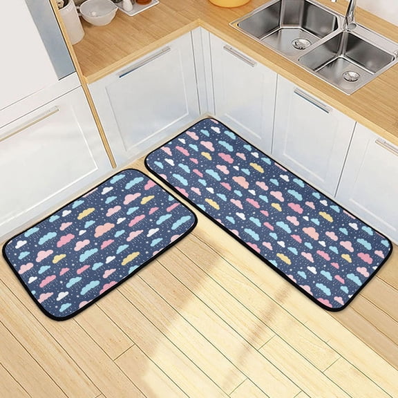 Dailycode 2 Pcs Kitchen Rug Set Non Slip Absorbent Soft Floor Mats for Kitchen Bathroom Cartoon Raining Clouds 19.7"x27.6"+19.7"x47.2"