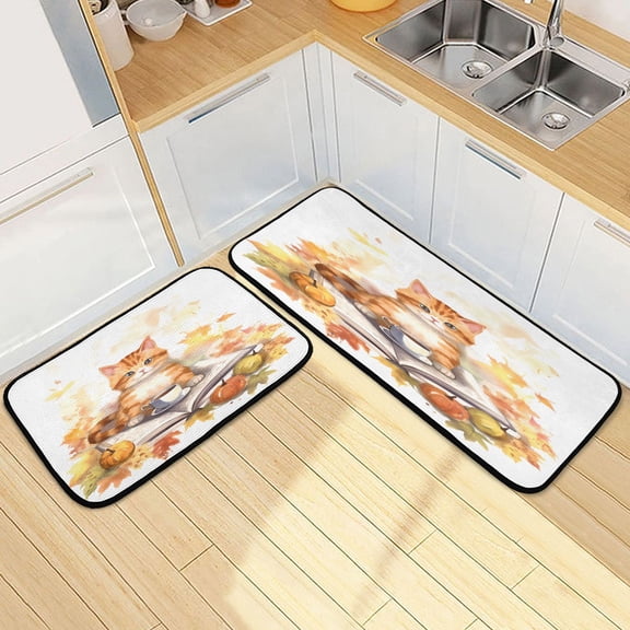 Dailycode 2 Pcs Kitchen Rug Set Non Slip Absorbent Soft Floor Mats for Kitchen Bathroom Cat on Book 19.7"x27.6"+19.7"x47.2"