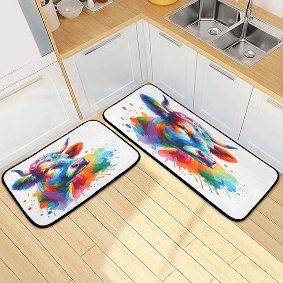 Dailycode 2 Pcs Kitchen Rug Set Non Slip Absorbent Soft Floor Mats for Kitchen Bathroom Colorful Cattle 19.7"x27.6"+19.7"x47.2"