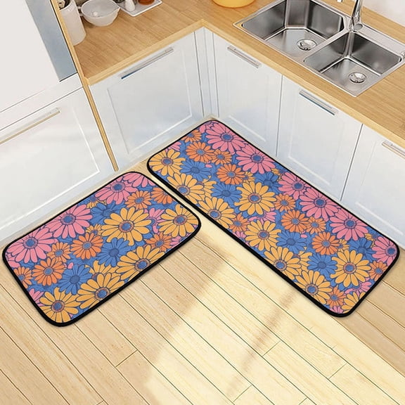 Dailycode 2 Pcs Kitchen Rug Set Non Slip Absorbent Soft Floor Mats for Kitchen Bathroom Colorful Daisies Flower 19.7"x27.6"+19.7"x47.2"