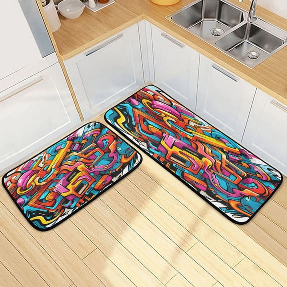 Dailycode 2 Pcs Kitchen Rug Set Non Slip Absorbent Soft Floor Mats for Kitchen Bathroom Colorful Futuristic Graffiti 19.7"x27.6"+19.7"x47.2"