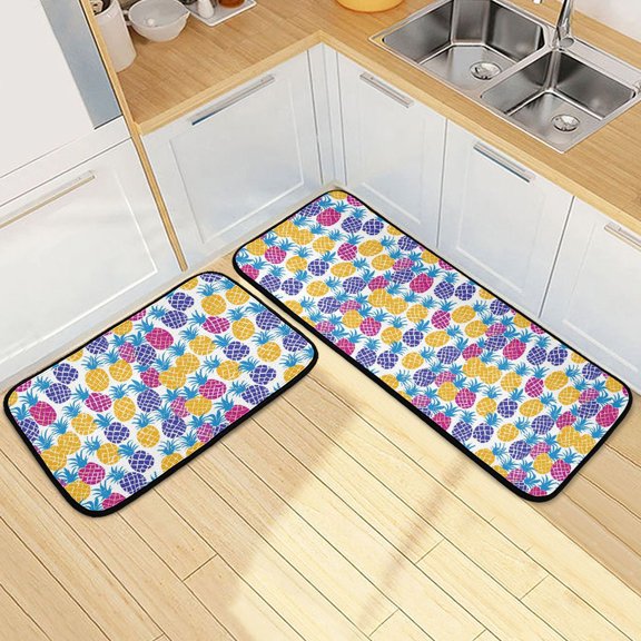 Dailycode 2 Pcs Kitchen Rug Set Non Slip Absorbent Soft Floor Mats for Kitchen Bathroom Colorful Pineapple Outline 19.7"x27.6"+19.7"x47.2"