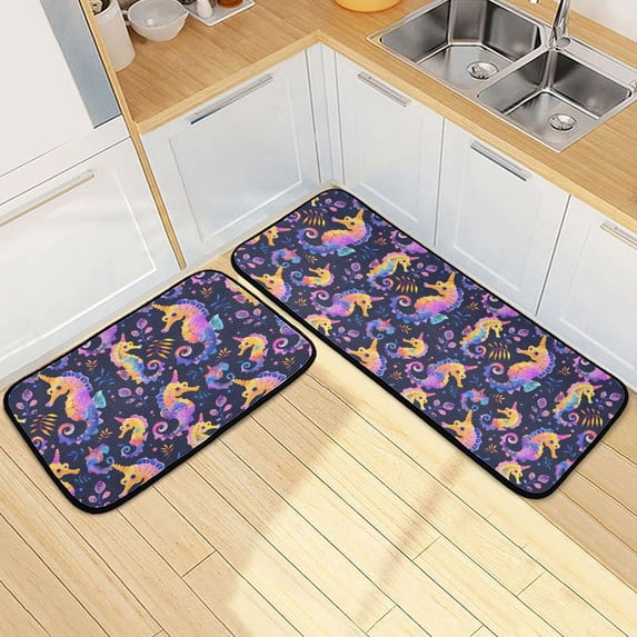 Dailycode 2 Pcs Kitchen Rug Set Non Slip Absorbent Soft Floor Mats for Kitchen Bathroom Colorful Seahorse and Leaf 19.7"x27.6"+19.7"x47.2"