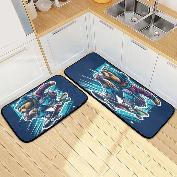 Dailycode 2 Pcs Kitchen Rug Set Non Slip Absorbent Soft Floor Mats for Kitchen Bathroom Cool Skater Bear 19.7"x27.6"+19.7"x47.2"