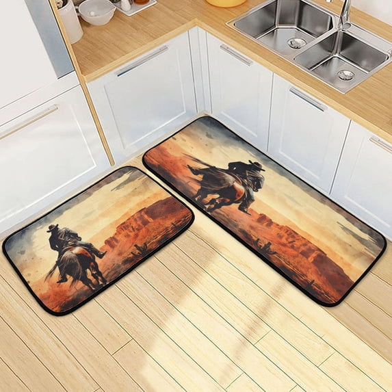 Dailycode 2 Pcs Kitchen Rug Set Non Slip Absorbent Soft Floor Mats for Kitchen Bathroom Cowboy Riding Horse 19.7"x27.6"+19.7"x47.2"