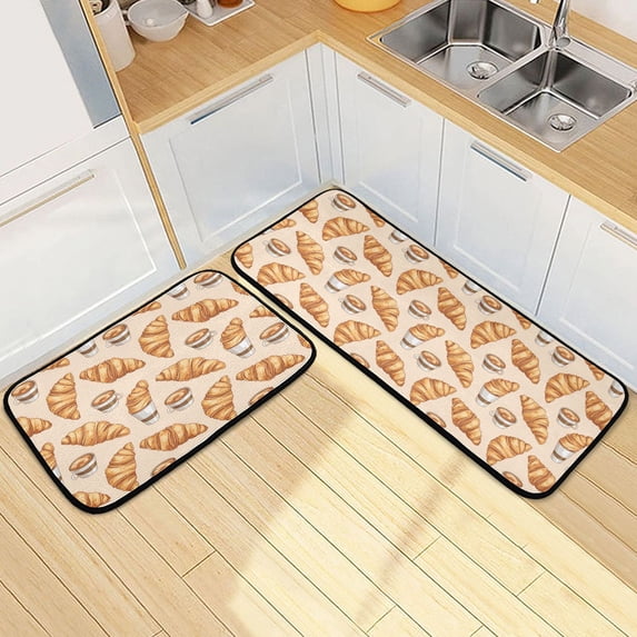 Dailycode 2 Pcs Kitchen Rug Set Non Slip Absorbent Soft Floor Mats for Kitchen Bathroom Croissant and Coffee 19.7"x27.6"+19.7"x47.2"