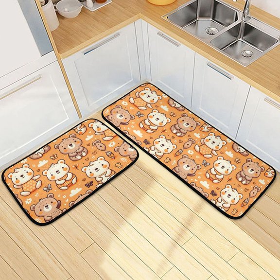 Dailycode 2 Pcs Kitchen Rug Set Non Slip Absorbent Soft Floor Mats for Kitchen Bathroom Cute Bears with Butterflies 19.7"x27.6"+19.7"x47.2"
