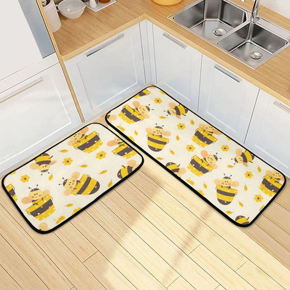 Dailycode 2 Pcs Kitchen Rug Set Non Slip Absorbent Soft Floor Mats for Kitchen Bathroom Cute Cartoon Bees and Flower 19.7"x27.6"+19.7"x47.2"