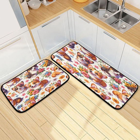 Dailycode 2 Pcs Kitchen Rug Set Non Slip Absorbent Soft Floor Mats for Kitchen Bathroom Cute Dogs and Beautiful Flowers 19.7"x27.6" 19.7"x47.2"