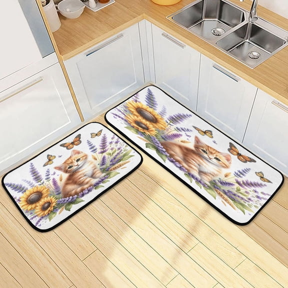 Dailycode 2 Pcs Kitchen Rug Set Non Slip Absorbent Soft Floor Mats for Kitchen Bathroom Cute Ginger Cat and Lavender Flowers 19.7"x27.6"+19.7"x47.2"