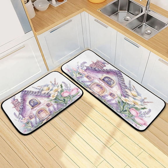 Dailycode 2 Pcs Kitchen Rug Set Non Slip Absorbent Soft Floor Mats for Kitchen Bathroom Cute House and Tulips 19.7"x27.6" 19.7"x47.2"