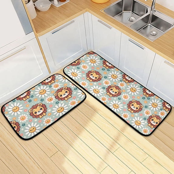 Dailycode 2 Pcs Kitchen Rug Set Non Slip Absorbent Soft Floor Mats for Kitchen Bathroom Cute Lion Face and Daisy 19.7"x27.6"+19.7"x47.2"