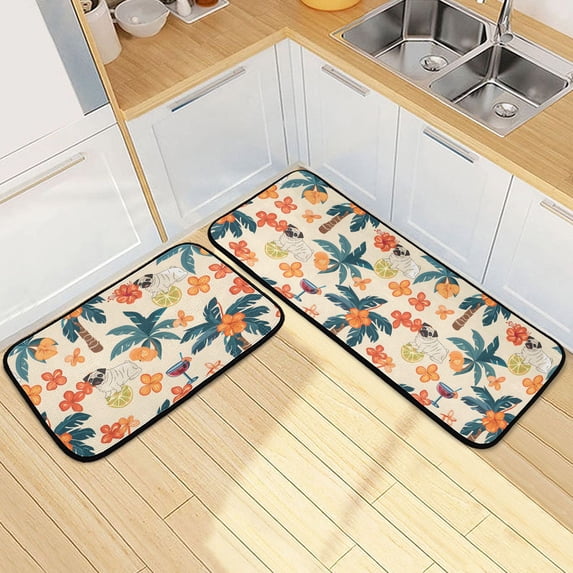 Dailycode 2 Pcs Kitchen Rug Set Non Slip Absorbent Soft Floor Mats for Kitchen Bathroom Cute Pug Dog and Flower 19.7"x27.6"+19.7"x47.2"