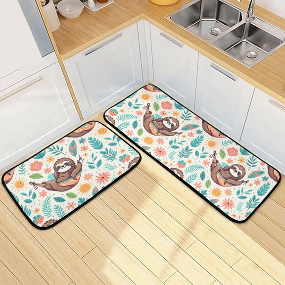 Dailycode 2 Pcs Kitchen Rug Set Non Slip Absorbent Soft Floor Mats for Kitchen Bathroom Cute Sloth on Hammock 19.7"x27.6"+19.7"x47.2"