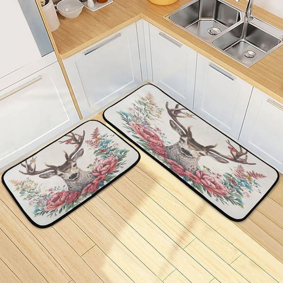 Dailycode 2 Pcs Kitchen Rug Set Non Slip Absorbent Soft Floor Mats for Kitchen Bathroom Deer and Flowers 19.7"x27.6"+19.7"x47.2"