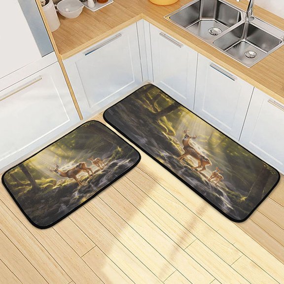Dailycode 2 Pcs Kitchen Rug Set Non Slip Absorbent Soft Floor Mats for Kitchen Bathroom Deer in Forest 19.7"x27.6"+19.7"x47.2"