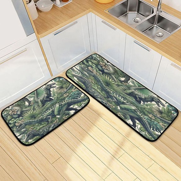 Dailycode 2 Pcs Kitchen Rug Set Non Slip Absorbent Soft Floor Mats for Kitchen Bathroom Dinosaurs and Tropical Plant 19.7"x27.6"+19.7"x47.2"