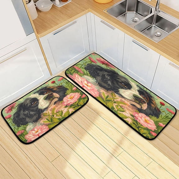 Dailycode 2 Pcs Kitchen Rug Set Non Slip Absorbent Soft Floor Mats for Kitchen Bathroom Dog Flowers Grass 19.7"x27.6" 19.7"x47.2"
