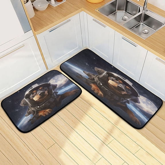 Dailycode 2 Pcs Kitchen Rug Set Non Slip Absorbent Soft Floor Mats for Kitchen Bathroom Dog Flying in Space 19.7"x27.6" 19.7"x47.2"