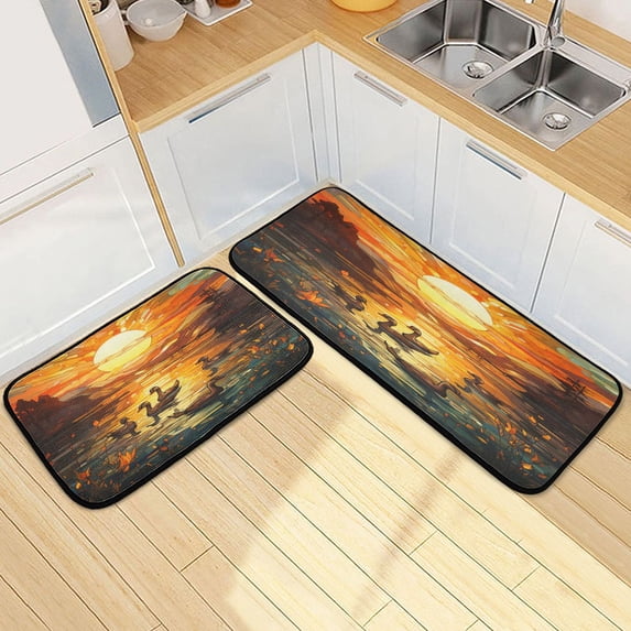 Dailycode 2 Pcs Kitchen Rug Set Non Slip Absorbent Soft Floor Mats for Kitchen Bathroom Duck on Water with Sunset 19.7"x27.6"+19.7"x47.2"