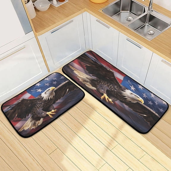 Dailycode 2 Pcs Kitchen Rug Set Non Slip Absorbent Soft Floor Mats for Kitchen Bathroom Eagle with American Flag 19.7"x27.6"+19.7"x47.2"
