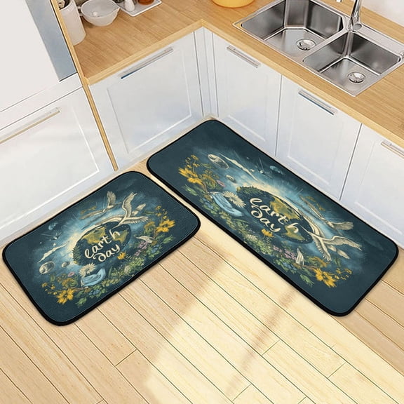 Dailycode 2 Pcs Kitchen Rug Set Non Slip Absorbent Soft Floor Mats for Kitchen Bathroom Earth Day Wreath 19.7"x27.6" 19.7"x47.2"