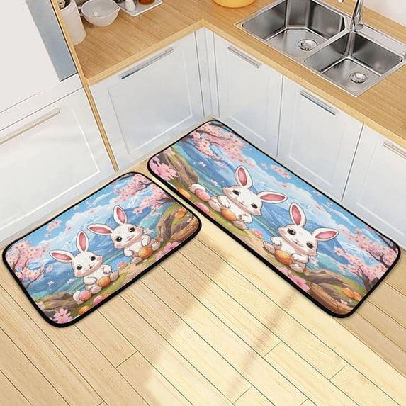 Dailycode 2 Pcs Kitchen Rug Set Non Slip Absorbent Soft Floor Mats for Kitchen Bathroom Easter Egg and Cute Rabbit 19.7"x27.6"+19.7"x47.2"