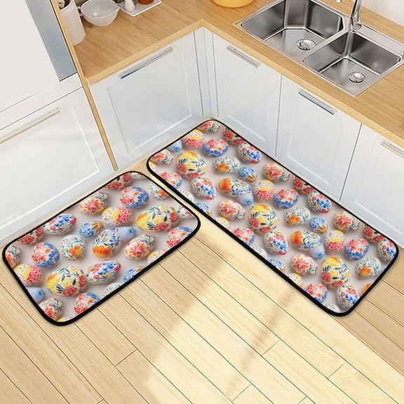 Dailycode 2 Pcs Kitchen Rug Set Non Slip Absorbent Soft Floor Mats for Kitchen Bathroom Easter Eggs Painting Flower 19.7"x27.6" 19.7"x47.2"