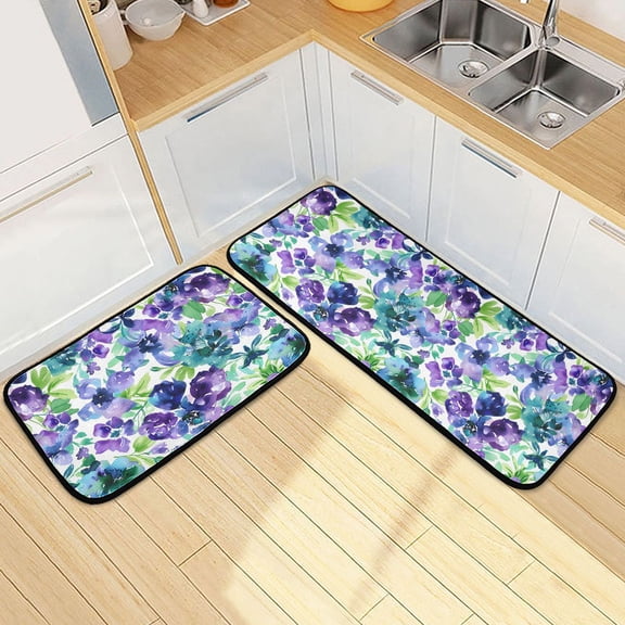 Dailycode 2 Pcs Kitchen Rug Set Non Slip Absorbent Soft Floor Mats for Kitchen Bathroom Elegant Floral and Green Leaves 19.7"x27.6" 19.7"x47.2"