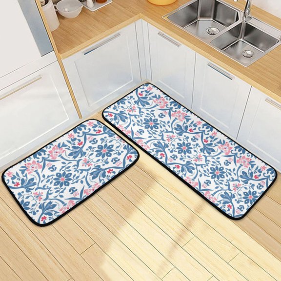 Dailycode 2 Pcs Kitchen Rug Set Non Slip Absorbent Soft Floor Mats for Kitchen Bathroom Elegant Traditional Chinese Motifs 19.7"x27.6"+19.7"x47.2"
