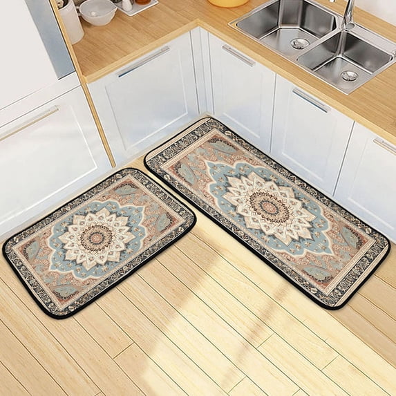Dailycode 2 Pcs Kitchen Rug Set Non Slip Absorbent Soft Floor Mats for Kitchen Bathroom Fashion Mandala 19.7"x27.6"+19.7"x47.2"