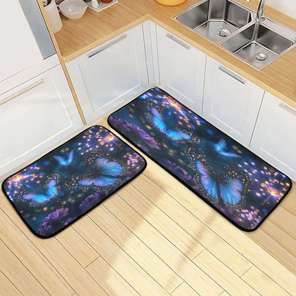 Dailycode 2 Pcs Kitchen Rug Set Non Slip Absorbent Soft Floor Mats for Kitchen Bathroom Fireworks and Glowing Butterflies 19.7"x27.6"+19.7"x47.2"