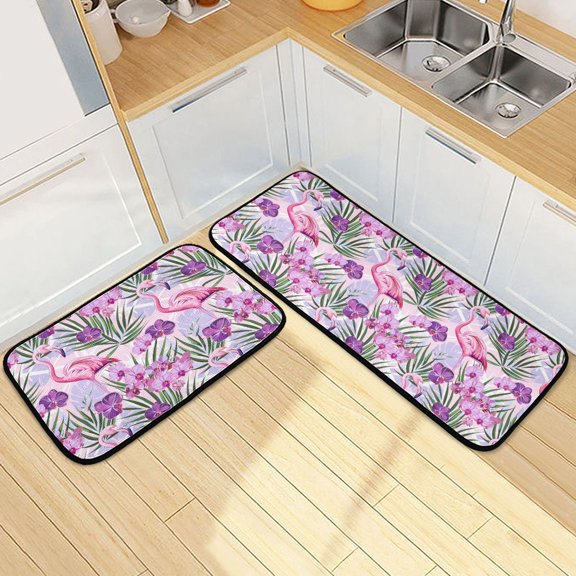 Dailycode 2 Pcs Kitchen Rug Set Non Slip Absorbent Soft Floor Mats for Kitchen Bathroom Flamingo with Phalaenopsis 19.7"x27.6"+19.7"x47.2"